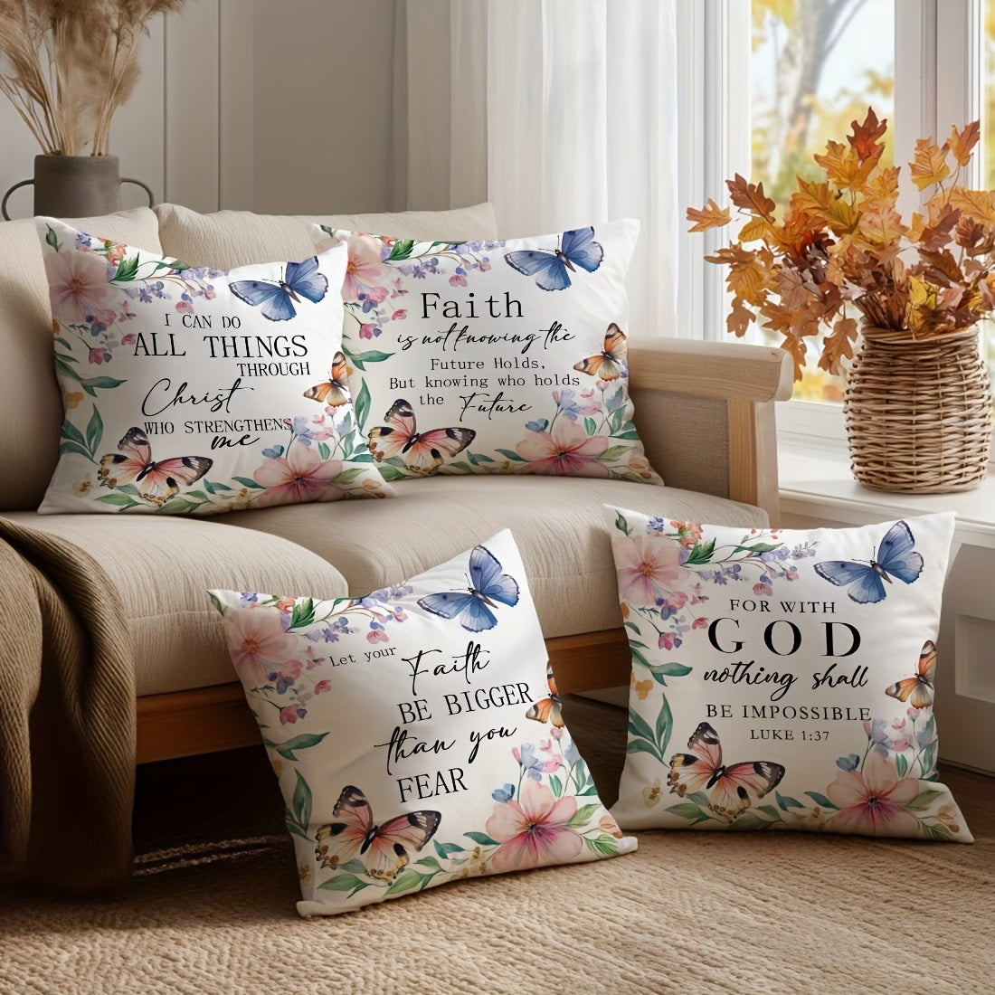 4-Piece Watercolour Butterfly & Floral Bible Verse Pillowcase Set – Christian Decorative Cushion Covers (44.96 x 44.96 cm)