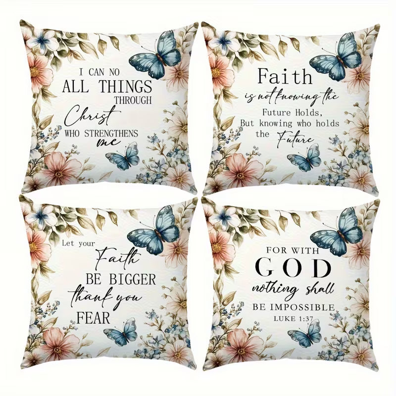 4-Piece Watercolour Butterfly & Floral Bible Verse Pillowcase Set – Christian Decorative Cushion Covers (44.96 x 44.96 cm)