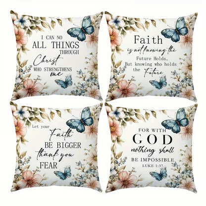 4-Piece Watercolour Butterfly & Floral Bible Verse Pillowcase Set – Christian Decorative Cushion Covers (44.96 x 44.96 cm)