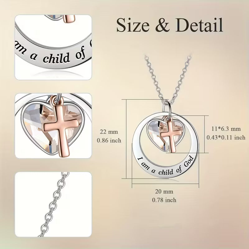 Two-Tone Stainless Steel & Rose Golden/Gold Faith Hope Love Cross Charm Pendant Necklace with Heart Centerpiece