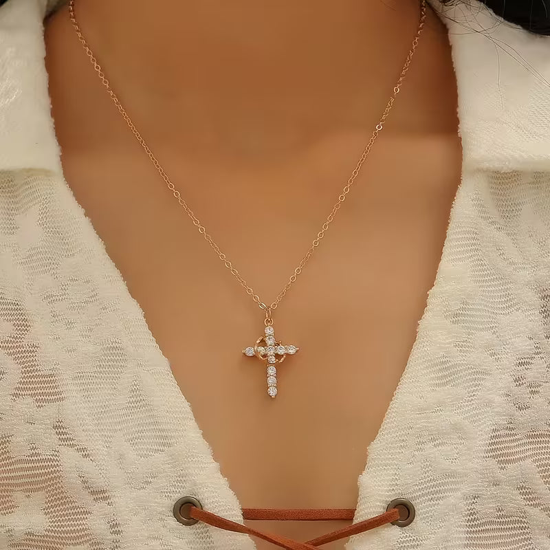 Elegant Crown Cross Pendant Necklace with Cubic Zirconia