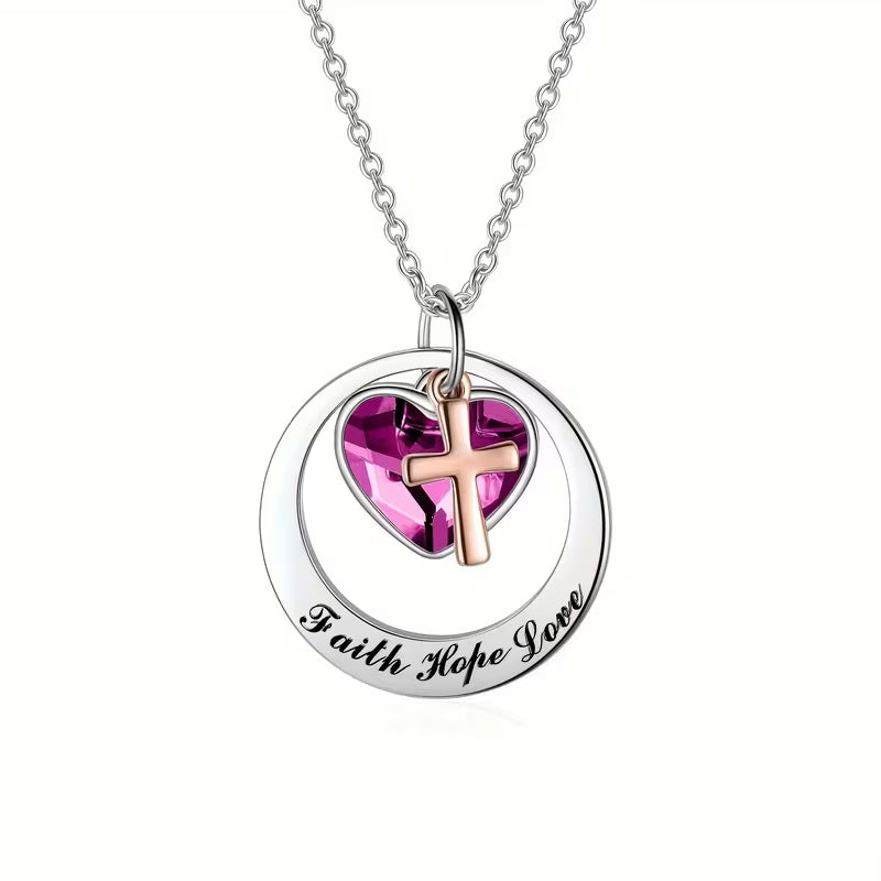 Two-Tone Stainless Steel & Rose Golden/Gold Faith Hope Love Cross Charm Pendant Necklace with Heart Centerpiece