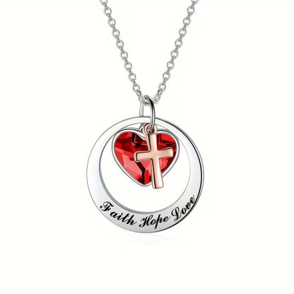 Two-Tone Stainless Steel & Rose Golden/Gold Faith Hope Love Cross Charm Pendant Necklace with Heart Centerpiece