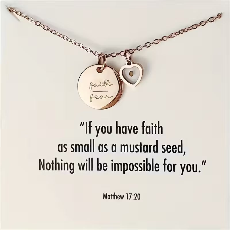 Elegant Vintage Stainless Steel Rose Golden Necklace Pendant with Heart Charm, Inspired by Matthew 17:20, for Daily Occasion and Gift-giving