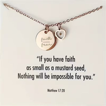Elegant Vintage Stainless Steel Rose Golden Necklace Pendant with Heart Charm, Inspired by Matthew 17:20, for Daily Occasion and Gift-giving