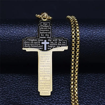 Vintage Christian Scripture Cross Pendant Necklace  Stainless Steel | Inspirational Bible Verse Engraved | Unisex Faith Jewelry