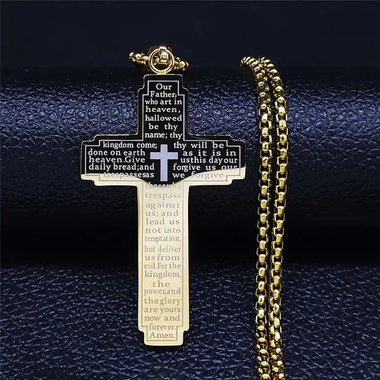 Vintage Christian Scripture Cross Pendant Necklace  Stainless Steel | Inspirational Bible Verse Engraved | Unisex Faith Jewelry