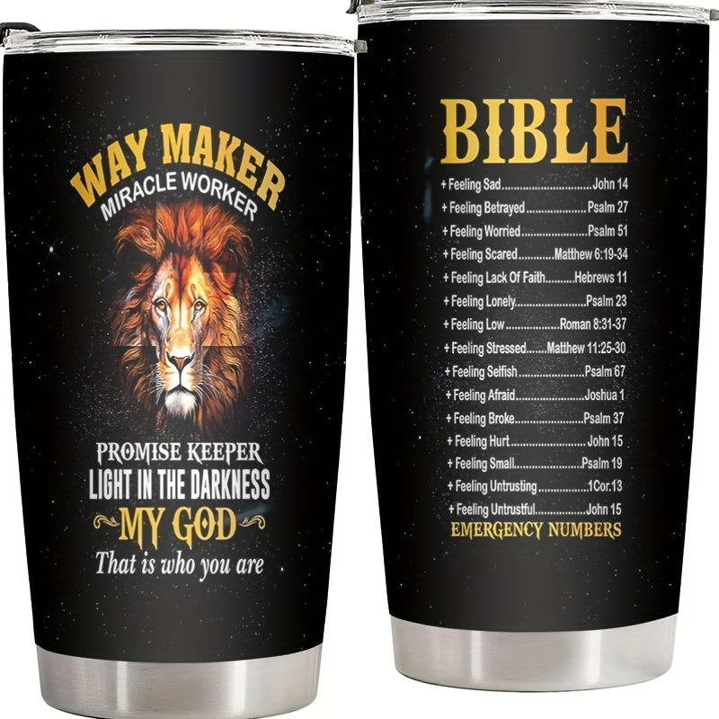 20oz Stainless Steel Christian Tumbler with Lion Design - Inspirational Bible Verse Travel Mug