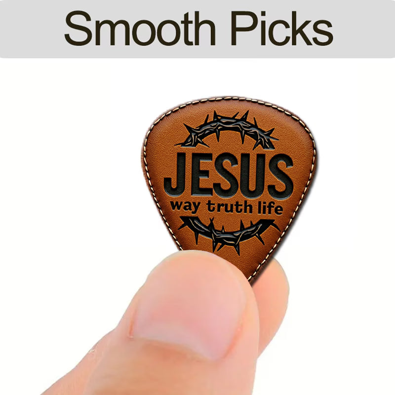 A premium 6-piece guitar pick set with stylish designs and a portable black pouch — perfect for worship, practice, and gifting.