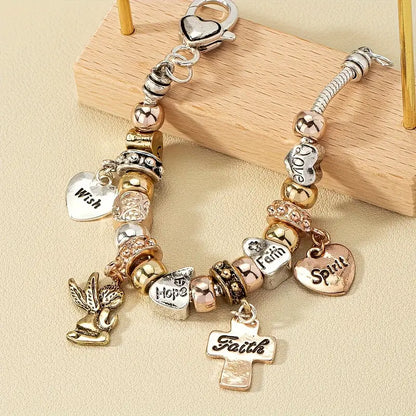 Vintage-Inspired Beaded Chic Bracelet - Zinc Alloy with Cross, Heart &amp; Angel Charms
