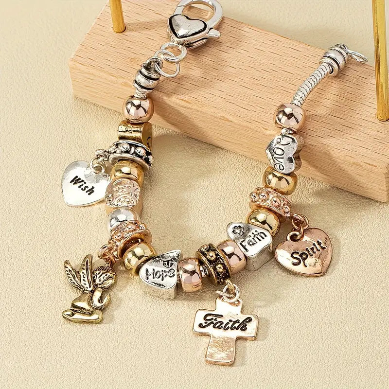 Vintage-Inspired Beaded Chic Bracelet - Zinc Alloy with Cross, Heart &amp; Angel Charms