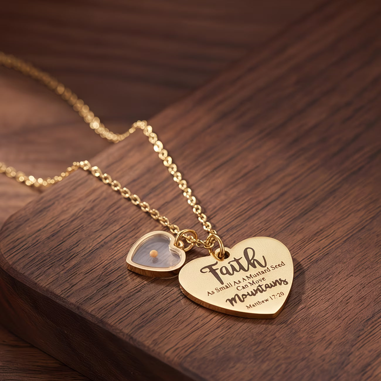 ✝️ Ladies’ Faith Necklace – Double Heart Lock Pendant Matthew 17:20 Scripture | 18K Gold-Plated Stainless Steel — By TETELESTAI  A symbol of love. A message of faith. A promise that nothing is impossible.