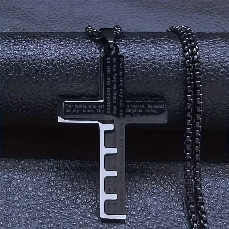 Vintage Christian Scripture Cross Pendant Necklace  Stainless Steel | Inspirational Bible Verse Engraved | Unisex Faith Jewelry