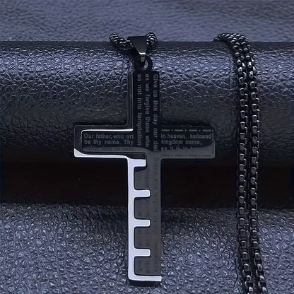 Vintage Christian Scripture Cross Pendant Necklace  Stainless Steel | Inspirational Bible Verse Engraved | Unisex Faith Jewelry