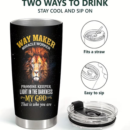 20oz Stainless Steel Christian Tumbler with Lion Design - Inspirational Bible Verse Travel Mug