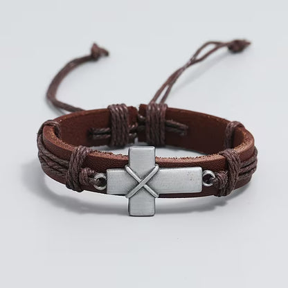 Retro Braided Cowhide Bracelet Simple Pull-Adjustable Cross Bracelet for Men One Piece