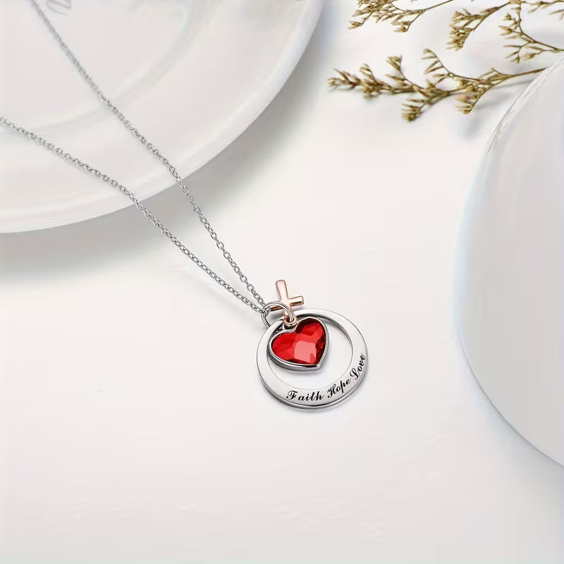 Two-Tone Stainless Steel & Rose Golden/Gold Faith Hope Love Cross Charm Pendant Necklace with Heart Centerpiece