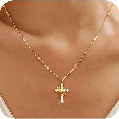 Elegant Crown Cross Pendant Necklace with Cubic Zirconia