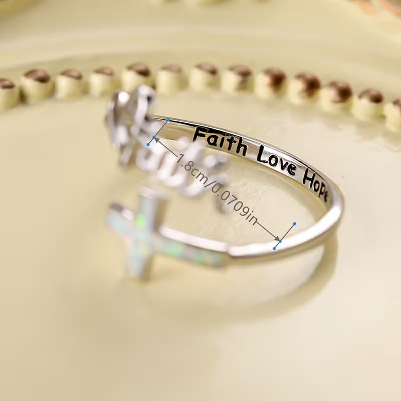 2g Unique 925 Sterling Silvery White Opal Cross Letter Faith Open Ring for Women
