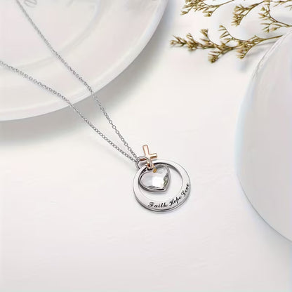 Two-Tone Stainless Steel & Rose Golden/Gold Faith Hope Love Cross Charm Pendant Necklace with Heart Centerpiece