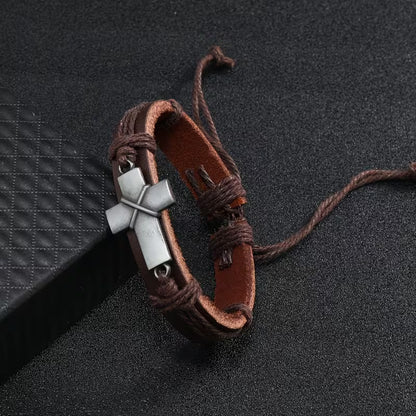 Retro Braided Cowhide Bracelet Simple Pull-Adjustable Cross Bracelet for Men One Piece