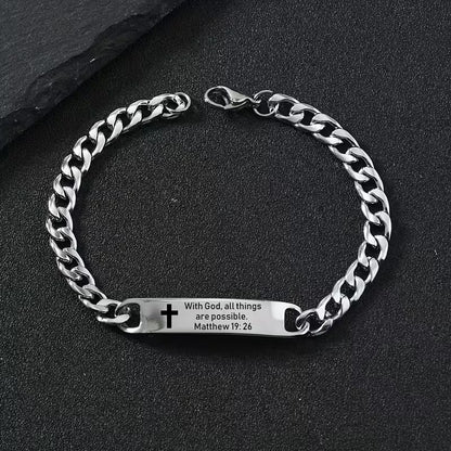 Men's Stainless Steel Christian Bible Verse Bracelet | Engraved Scripture Cross Link Chain | Philippians 4:13 & Luke 1:37 | Faith Bracelet Gift