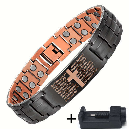 Vintage Copper Magnetic Bracelet with Size Adjuster,Black  Cross Scripture Charm, Suitable for Anniversaries, as a Gift for Family and Friends Daily Wear