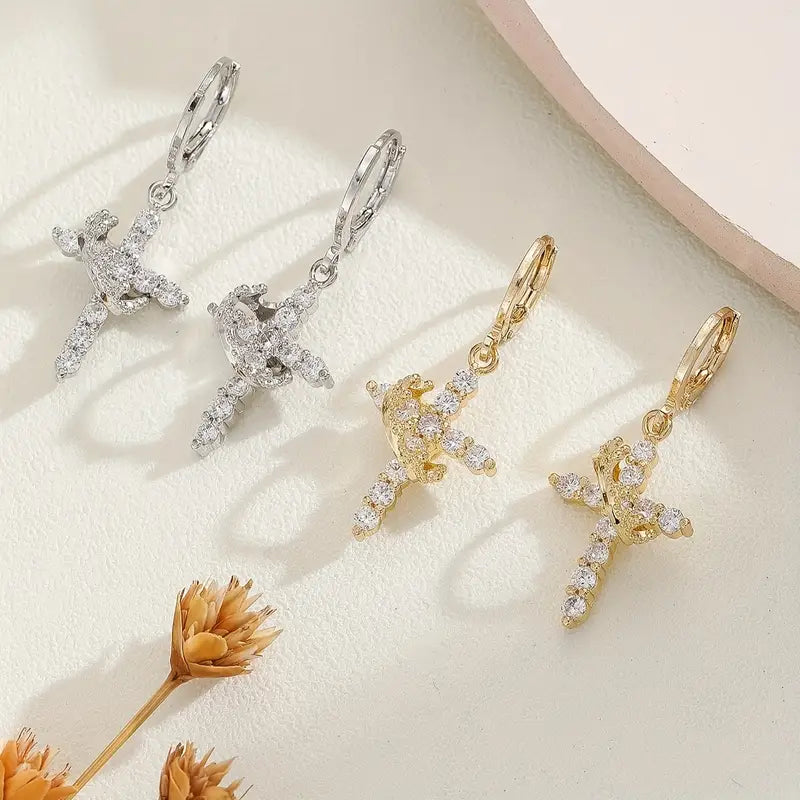 Elegant | Vintage] Vintage Golden-Tone Elegant Cross Earrings with Sparkling Cubic Zirconia.