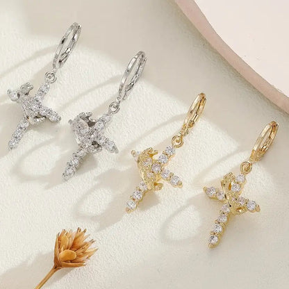 Elegant | Vintage] Vintage Golden-Tone Elegant Cross Earrings with Sparkling Cubic Zirconia.