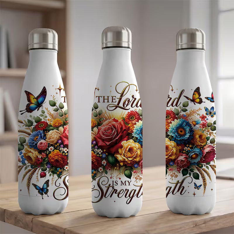 Christian Stainless Steel Water Bottle 500ml | "The Lord Is My Strength" Insulated Travel Flask | Floral Bible Verse Tumbler | Faith Gift for Women