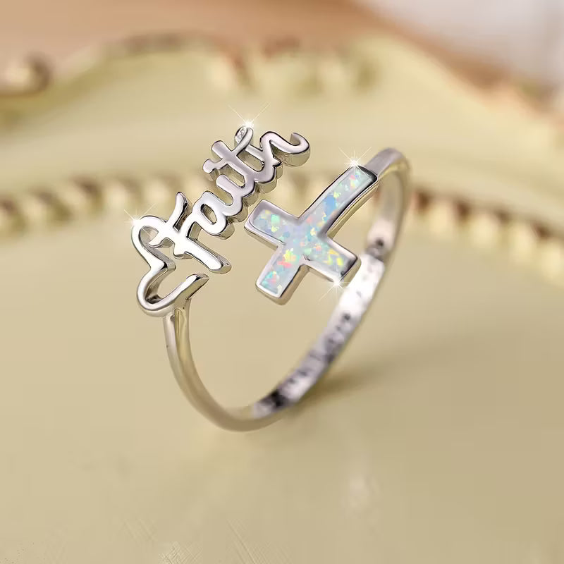 2g Unique 925 Sterling Silvery White Opal Cross Letter Faith Open Ring for Women