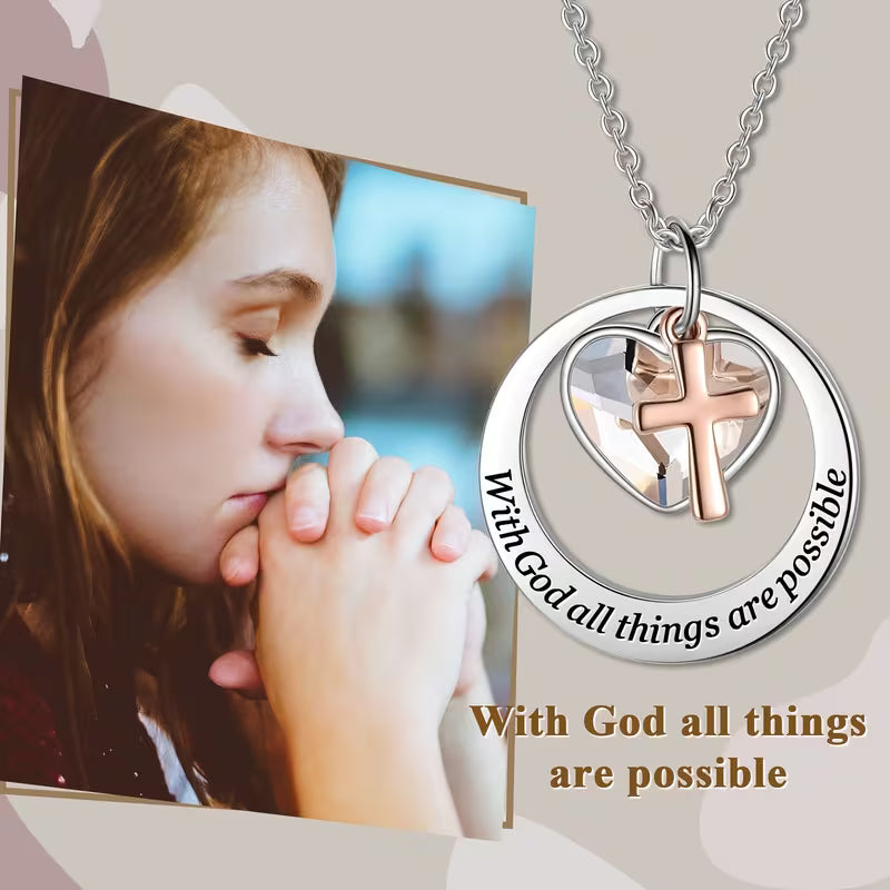 Two-Tone Stainless Steel & Rose Golden/Gold Faith Hope Love Cross Charm Pendant Necklace with Heart Centerpiece