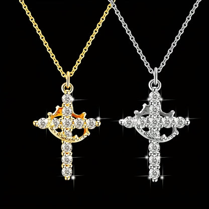 Elegant Crown Cross Pendant Necklace with Cubic Zirconia