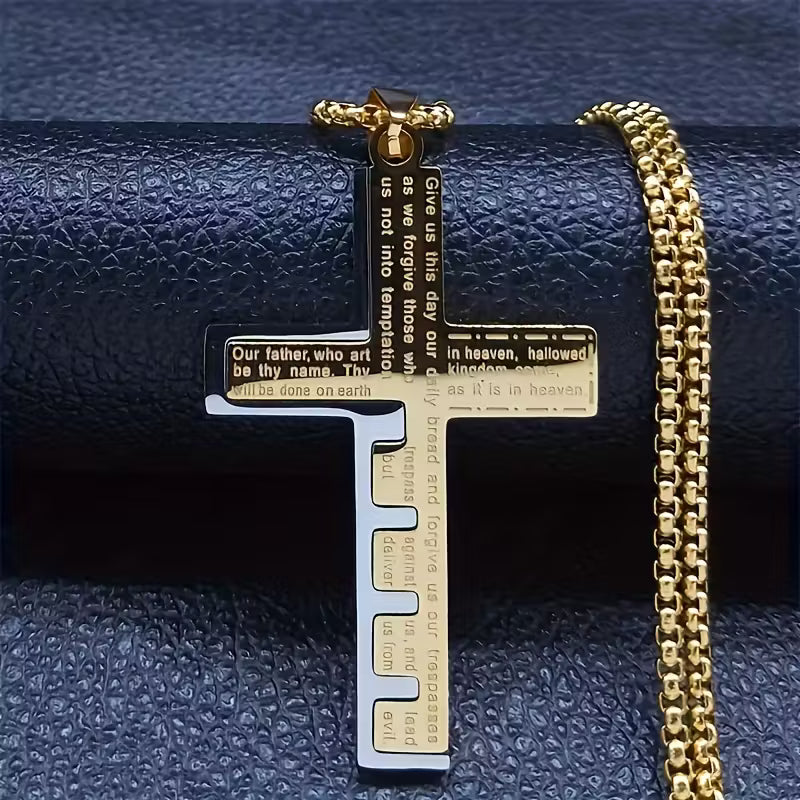 Vintage Christian Scripture Cross Pendant Necklace  Stainless Steel | Inspirational Bible Verse Engraved | Unisex Faith Jewelry