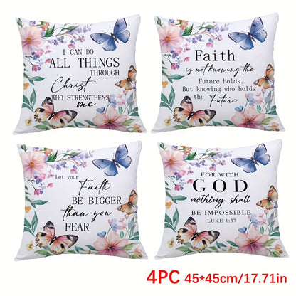 4-Piece Watercolour Butterfly & Floral Bible Verse Pillowcase Set – Christian Decorative Cushion Covers (44.96 x 44.96 cm)
