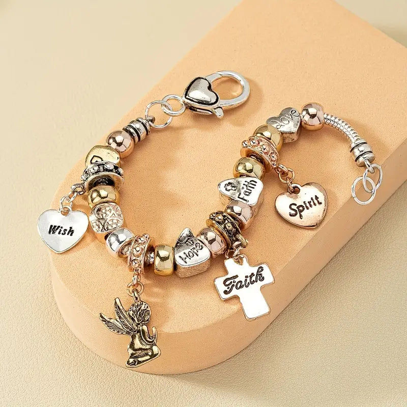 Vintage-Inspired Beaded Chic Bracelet - Zinc Alloy with Cross, Heart &amp; Angel Charms