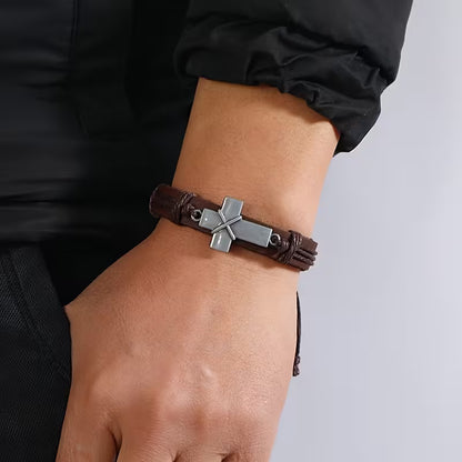 Retro Braided Cowhide Bracelet Simple Pull-Adjustable Cross Bracelet for Men One Piece