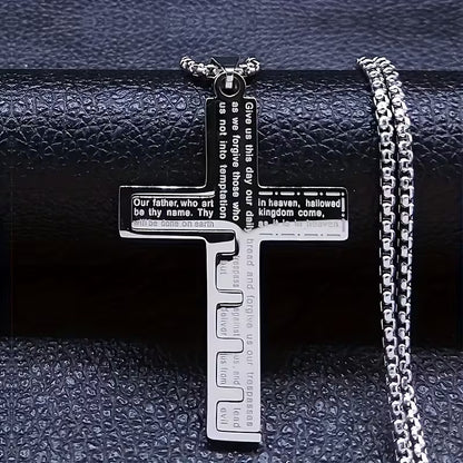 Vintage Christian Scripture Cross Pendant Necklace  Stainless Steel | Inspirational Bible Verse Engraved | Unisex Faith Jewelry