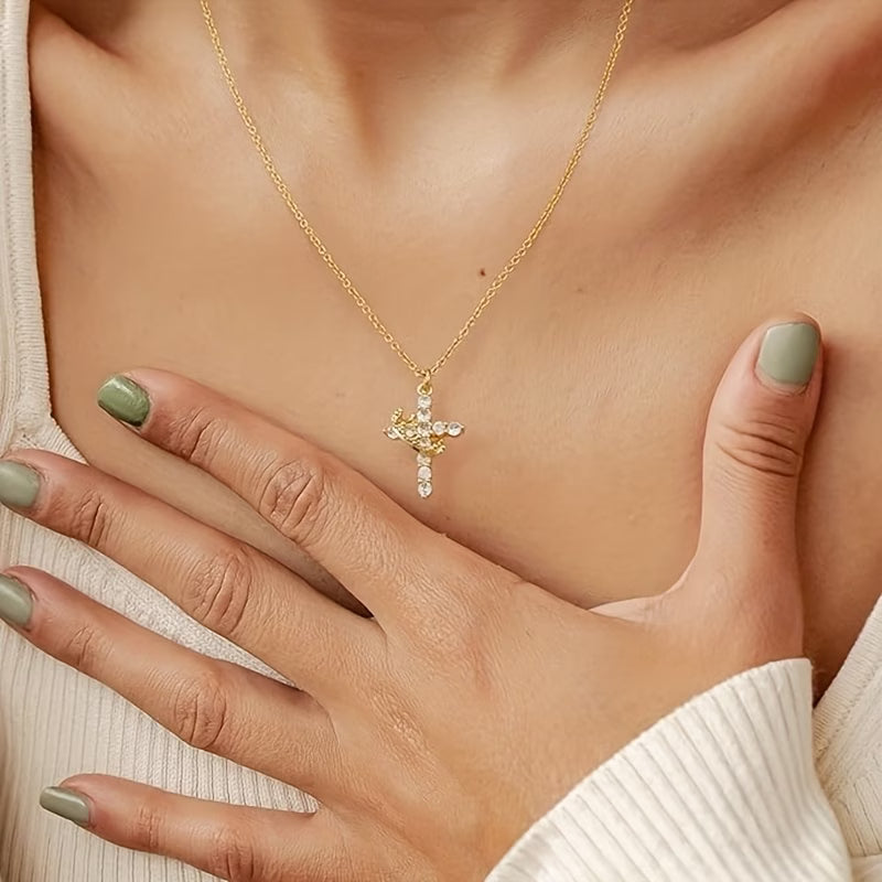 Elegant Crown Cross Pendant Necklace with Cubic Zirconia