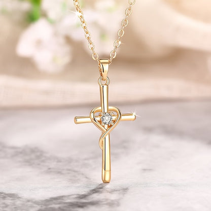 Cross Pendant Necklace with Heart-Shaped Synthetic Zirconia Inlay - Elegant