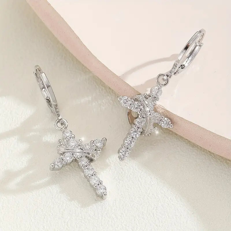 Elegant | Vintage] Vintage Golden-Tone Elegant Cross Earrings with Sparkling Cubic Zirconia.