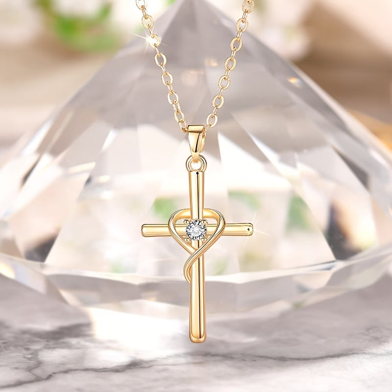 Cross Pendant Necklace with Heart-Shaped Synthetic Zirconia Inlay - Elegant