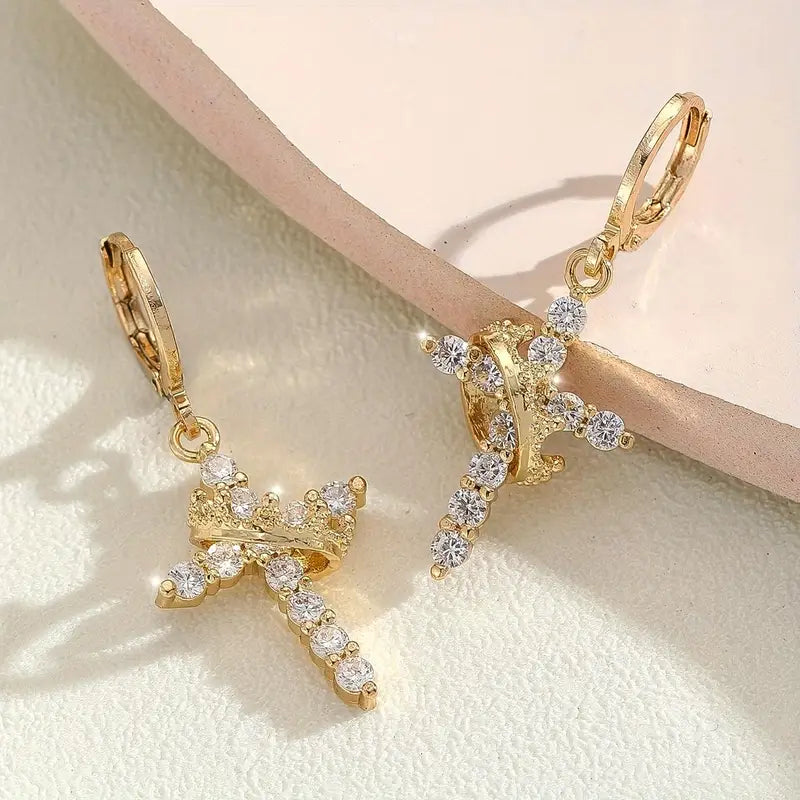 Elegant | Vintage] Vintage Golden-Tone Elegant Cross Earrings with Sparkling Cubic Zirconia.