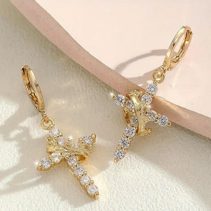 Elegant | Vintage] Vintage Golden-Tone Elegant Cross Earrings with Sparkling Cubic Zirconia.