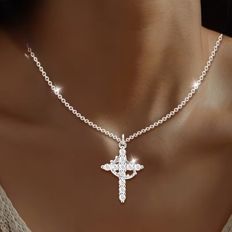 Elegant Crown Cross Pendant Necklace with Cubic Zirconia