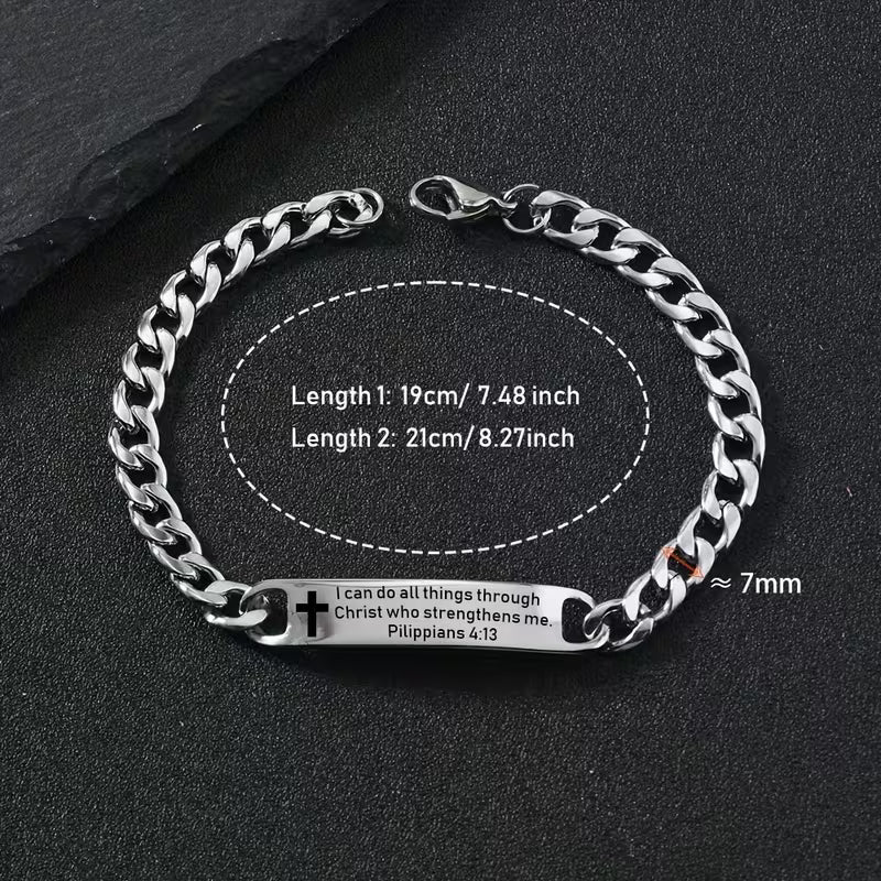 Men's Stainless Steel Christian Bible Verse Bracelet | Engraved Scripture Cross Link Chain | Philippians 4:13 & Luke 1:37 | Faith Bracelet Gift