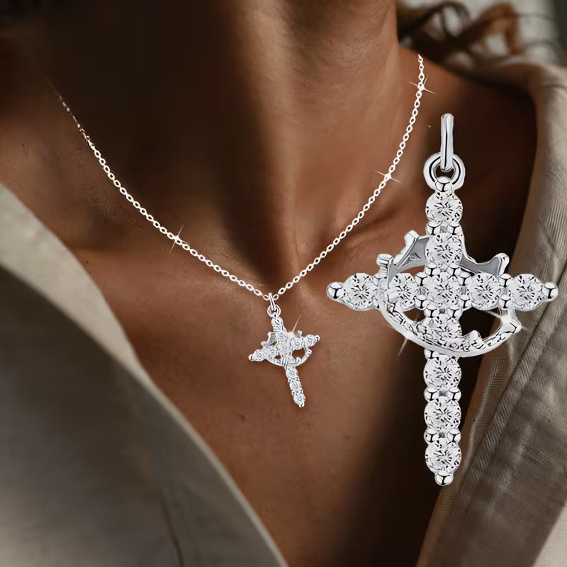 Elegant Crown Cross Pendant Necklace with Cubic Zirconia