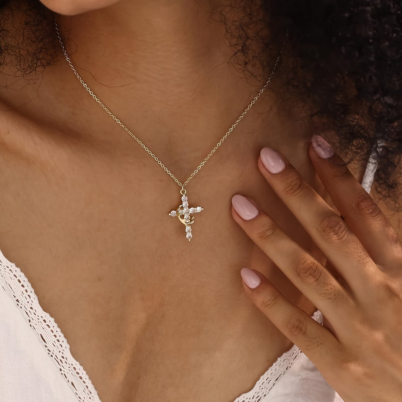 Elegant Crown Cross Pendant Necklace with Cubic Zirconia